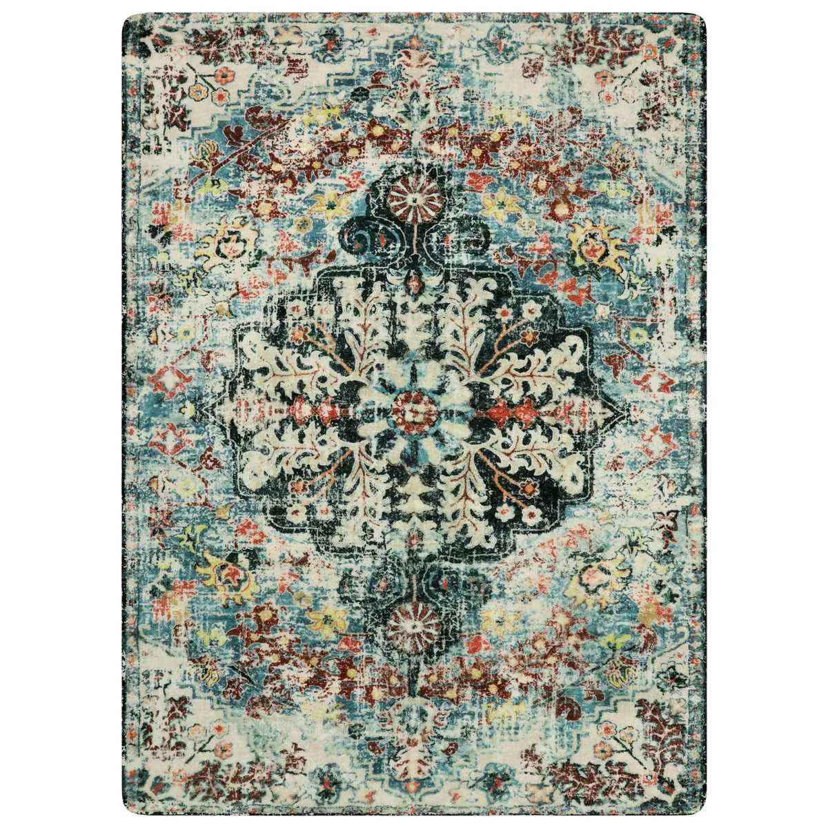 Reine Bohemian Floral Medallion Dark Teal Area Rug