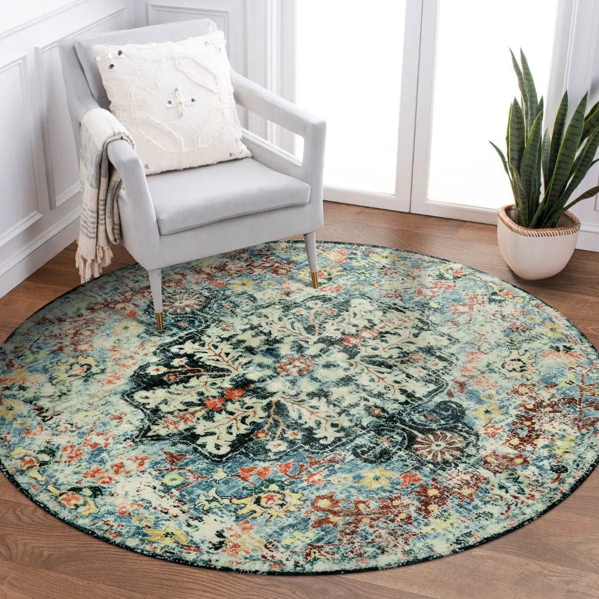 Reine Bohemian Floral Medallion Dark Teal Area Rug