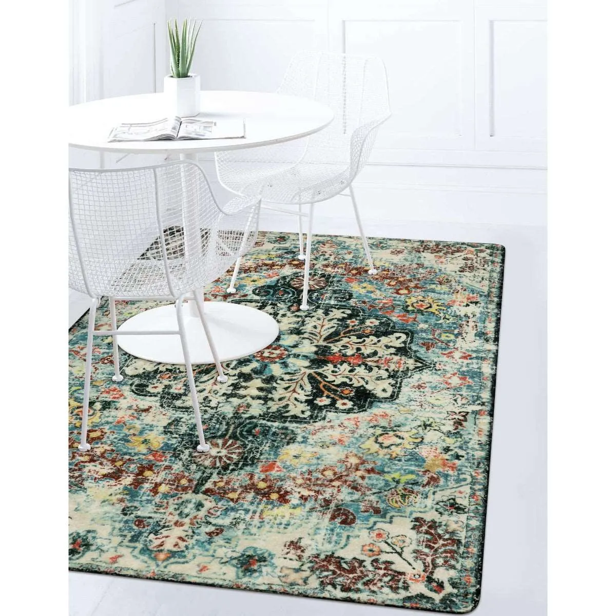 Reine Bohemian Floral Medallion Dark Teal Area Rug