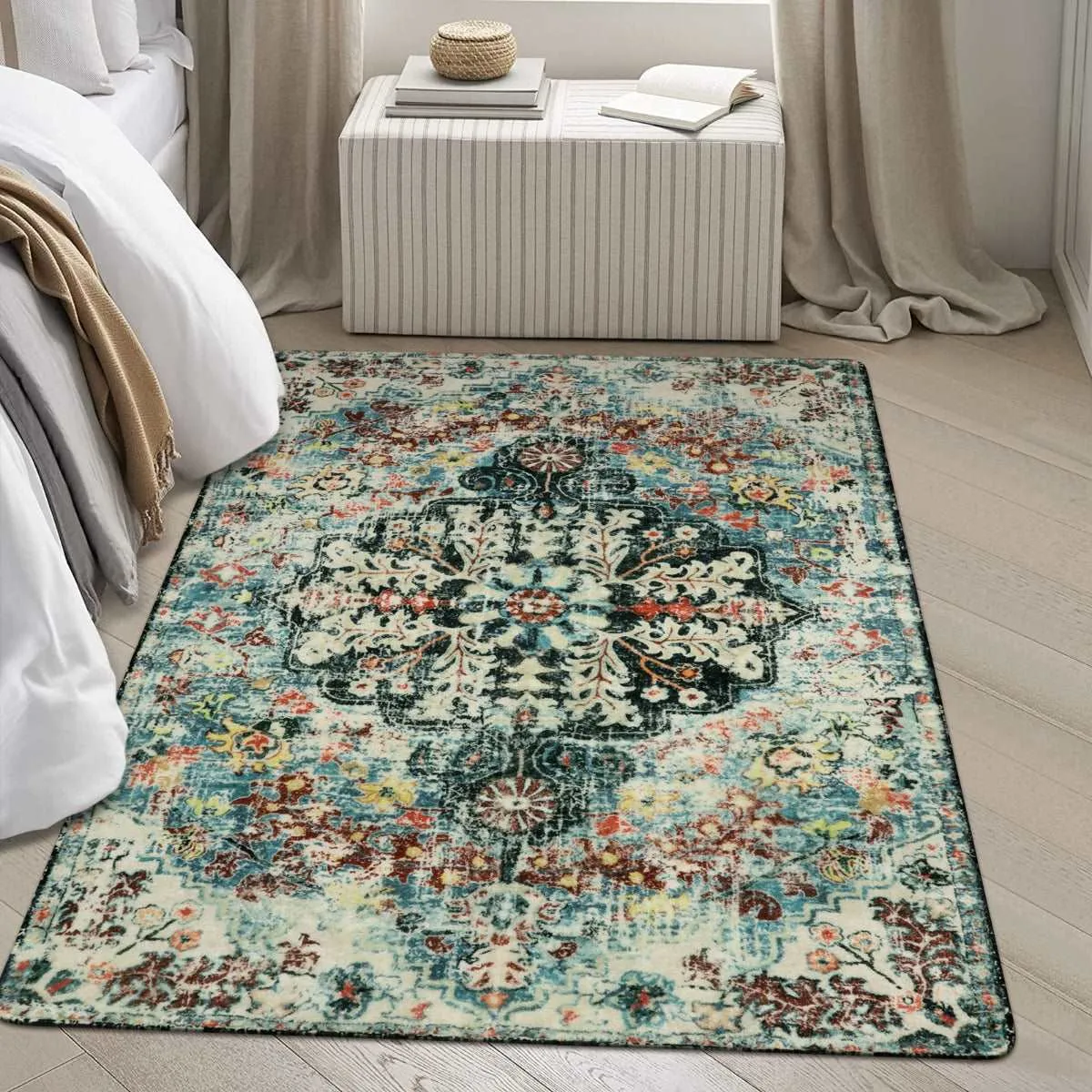 Reine Bohemian Floral Medallion Dark Teal Area Rug