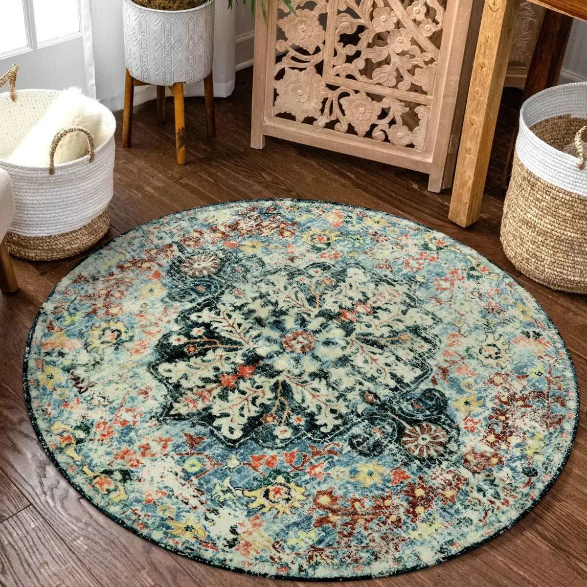 Reine Bohemian Floral Medallion Dark Teal Area Rug