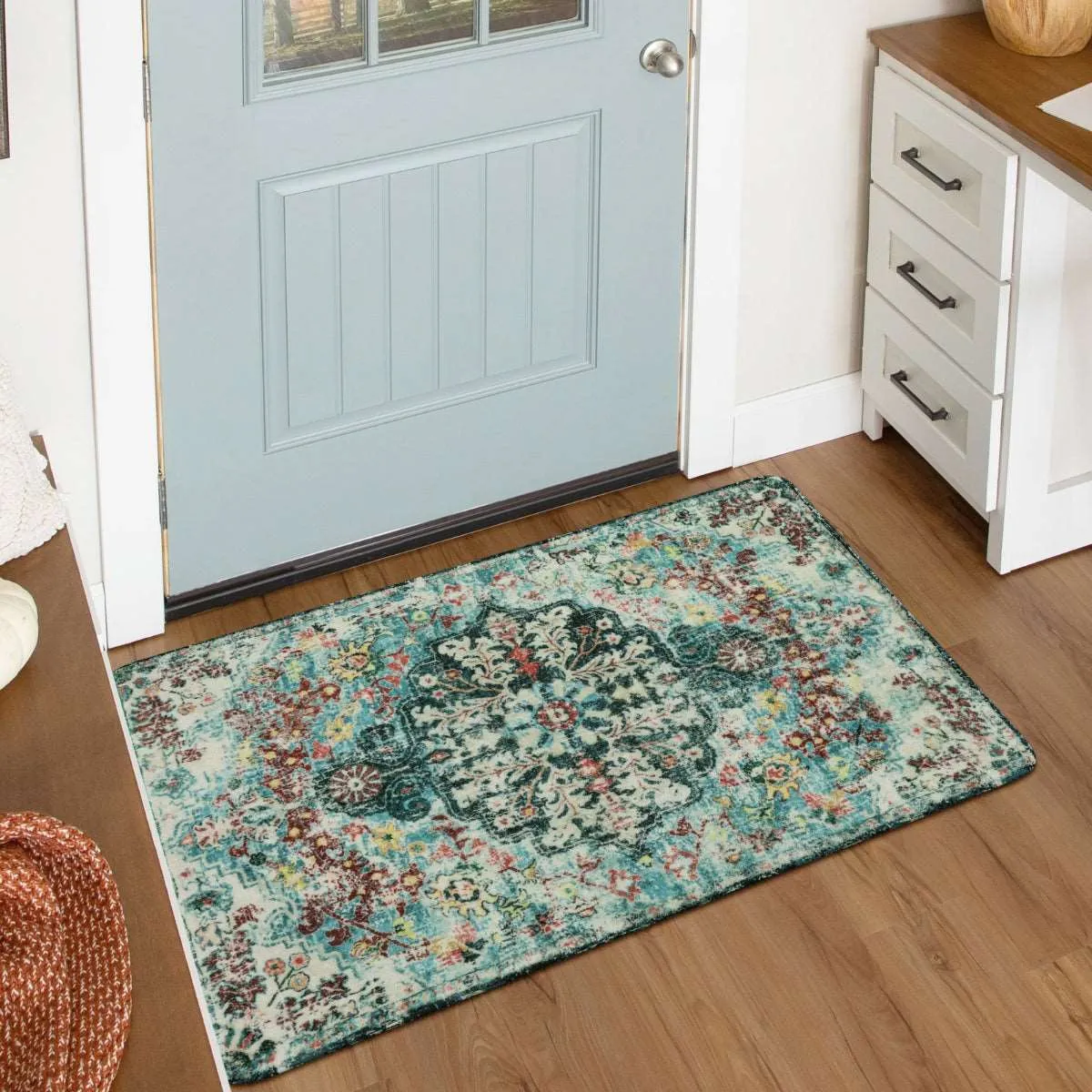 Reine Bohemian Floral Medallion Dark Teal Area Rug