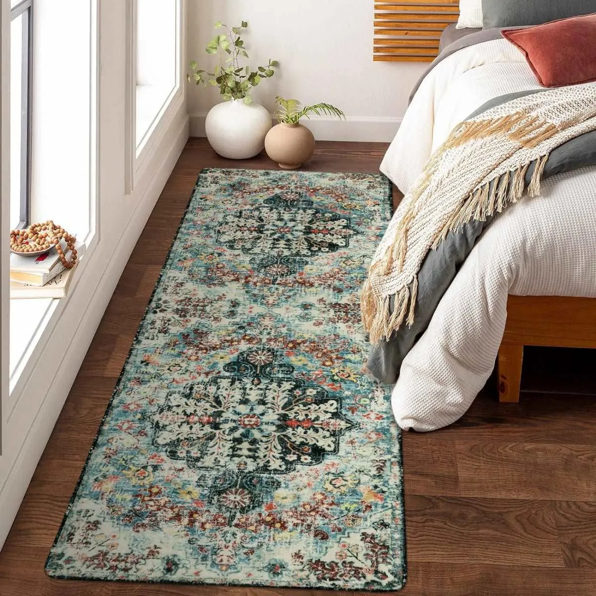 Reine Bohemian Floral Medallion Dark Teal Area Rug