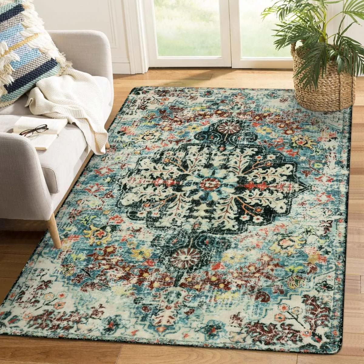 Reine Bohemian Floral Medallion Dark Teal Area Rug