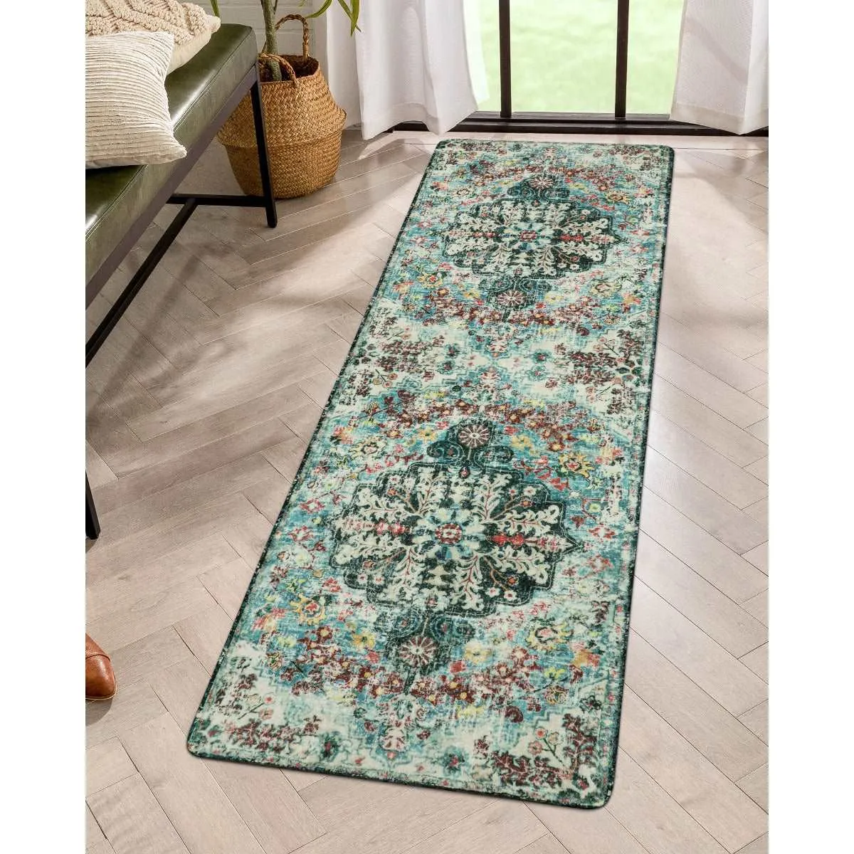 Reine Bohemian Floral Medallion Dark Teal Area Rug