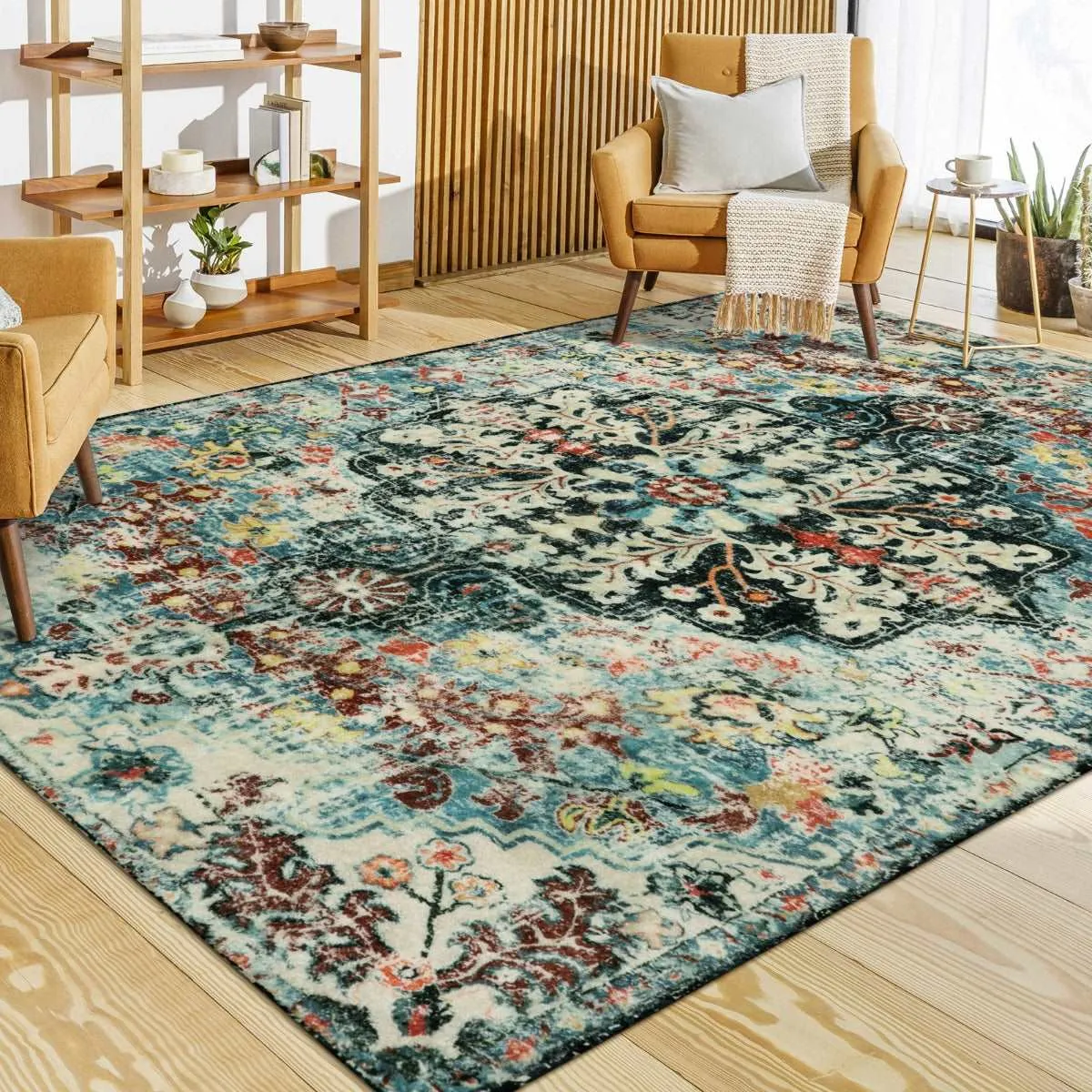 Reine Bohemian Floral Medallion Dark Teal Area Rug