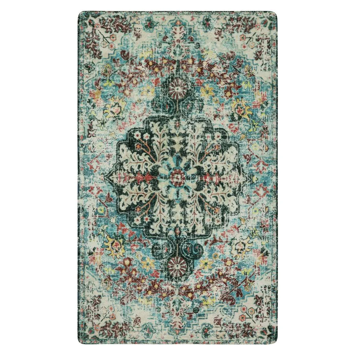 Reine Bohemian Floral Medallion Dark Teal Area Rug