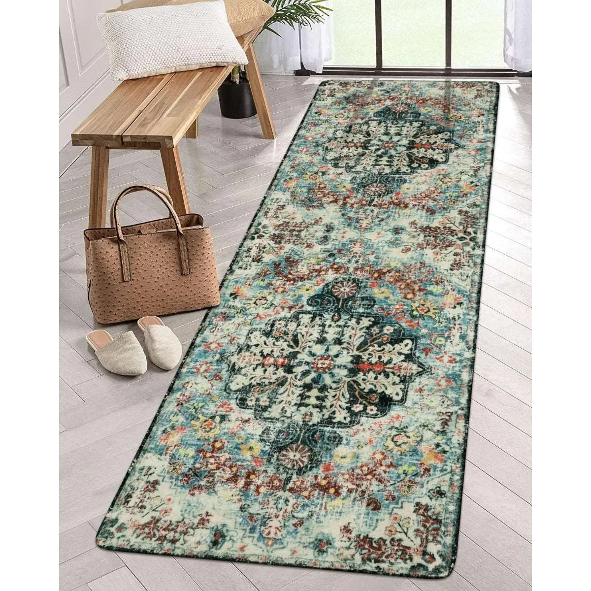 Reine Bohemian Floral Medallion Dark Teal Area Rug