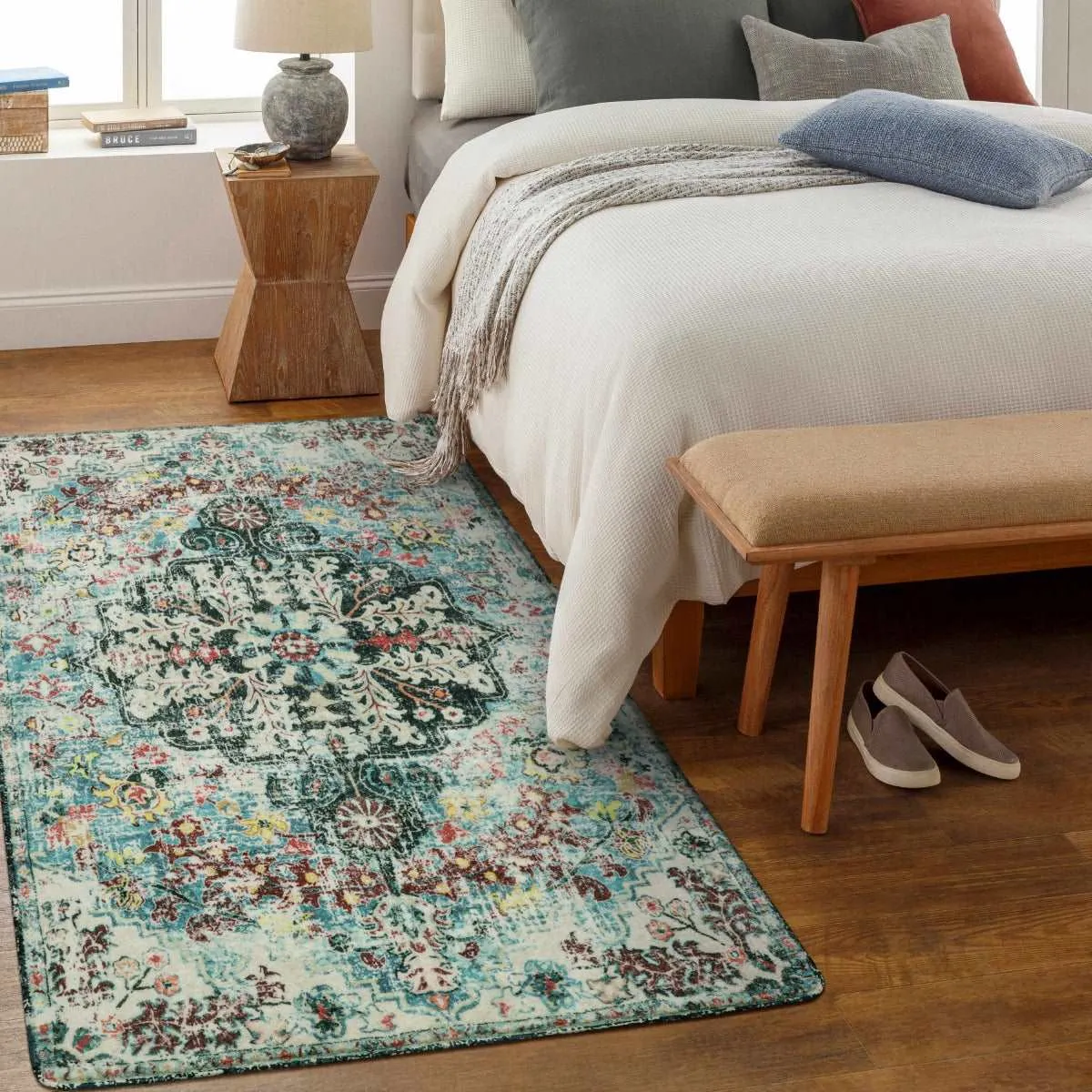 Reine Bohemian Floral Medallion Dark Teal Area Rug