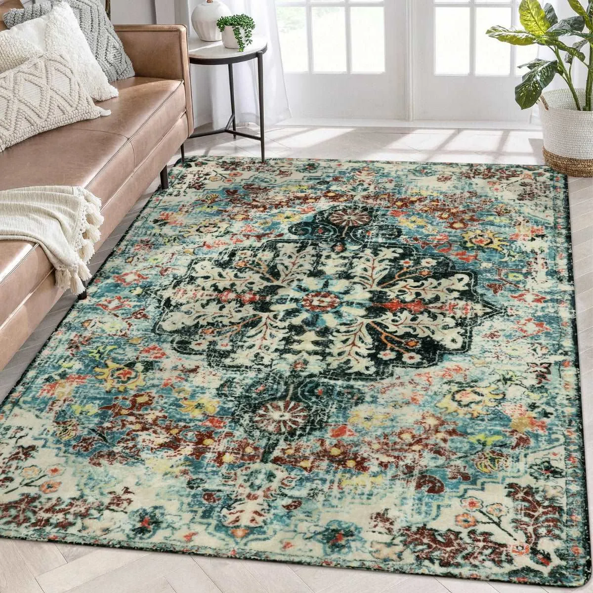 Reine Bohemian Floral Medallion Dark Teal Area Rug