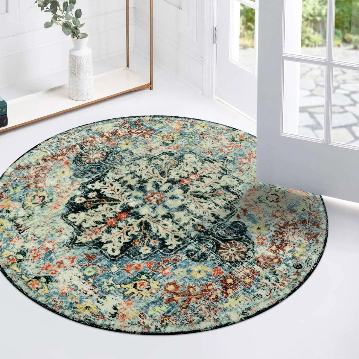 Reine Bohemian Floral Medallion Dark Teal Area Rug