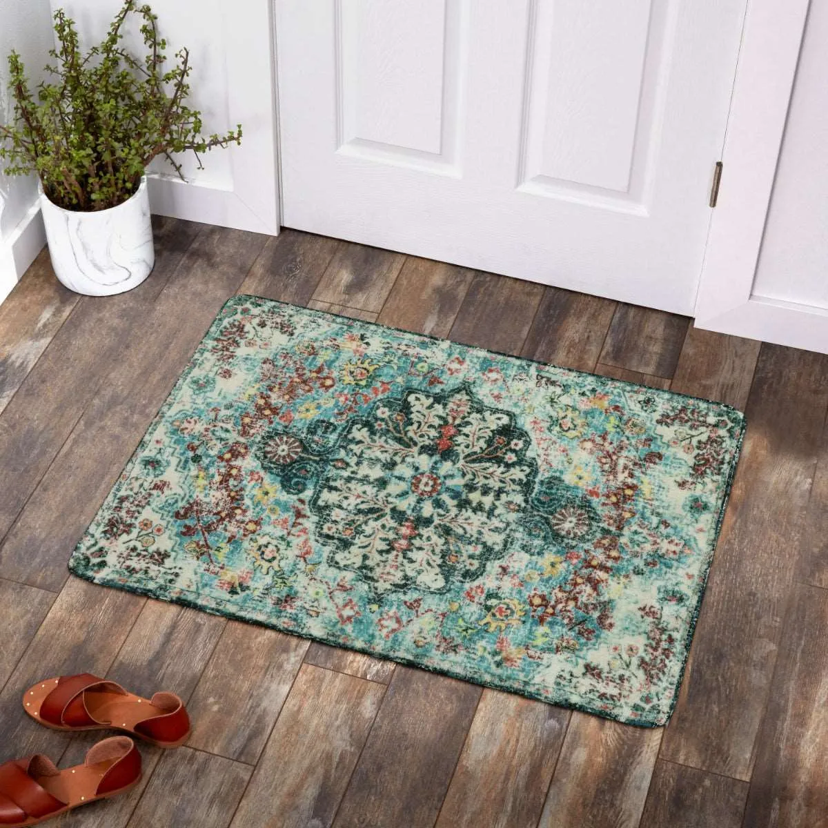 Reine Bohemian Floral Medallion Dark Teal Area Rug