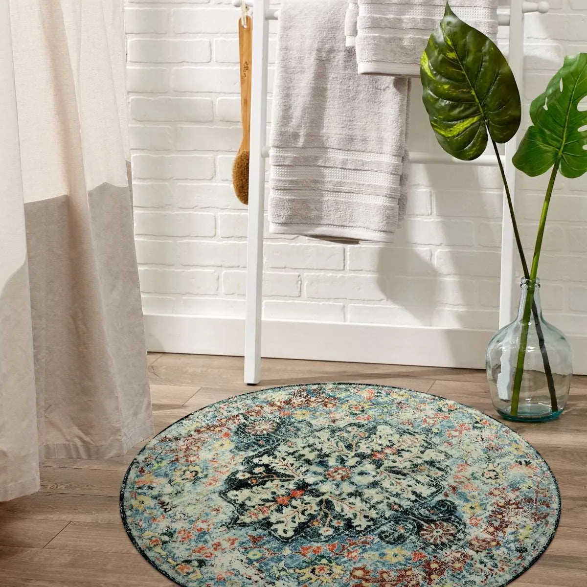 Reine Bohemian Floral Medallion Dark Teal Area Rug