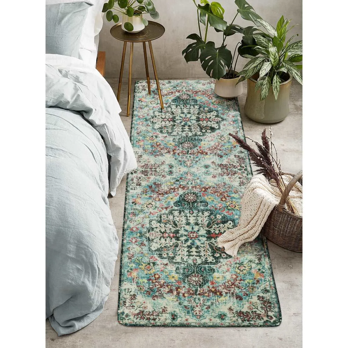 Reine Bohemian Floral Medallion Dark Teal Area Rug