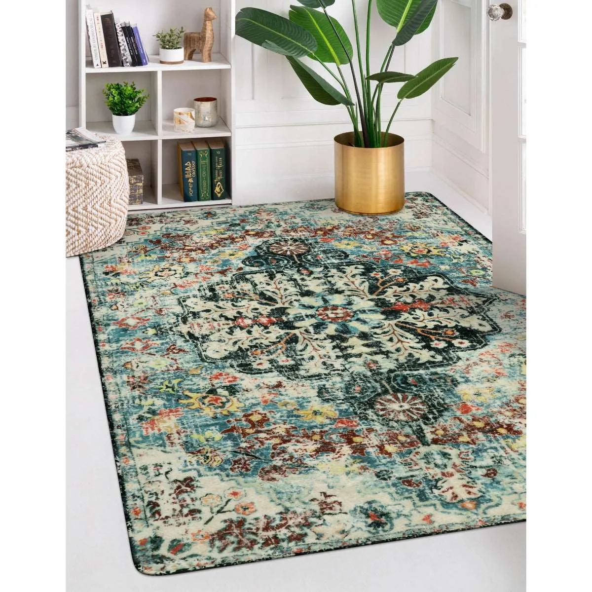 Reine Bohemian Floral Medallion Dark Teal Area Rug