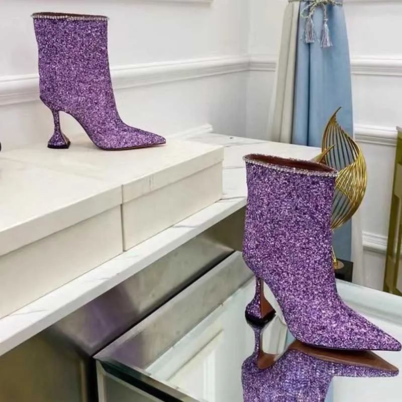 Special-Shaped Heeled Glitter Ankle Boots With Rhinestone