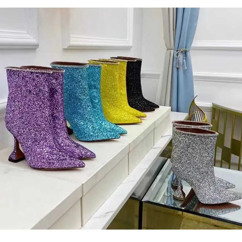 Special-Shaped Heeled Glitter Ankle Boots With Rhinestone