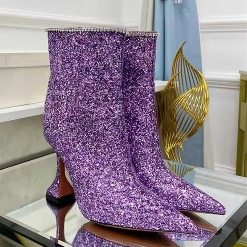 Special-Shaped Heeled Glitter Ankle Boots With Rhinestone