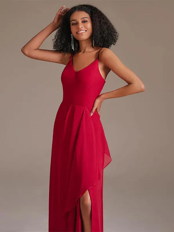 V-neck Spaghetti Straps Floor-length Red Bridesmaid Dress with Ruffle Split Front