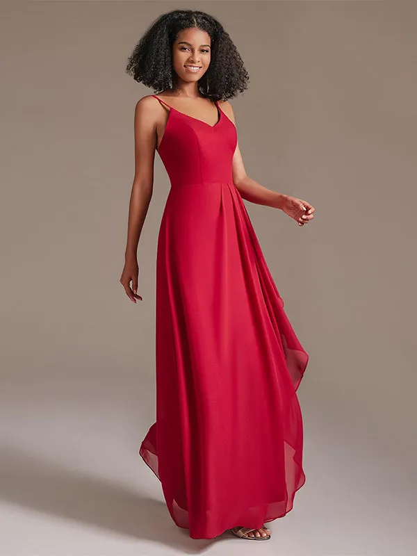 V-neck Spaghetti Straps Floor-length Red Bridesmaid Dress with Ruffle Split Front