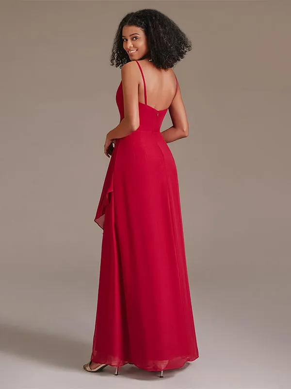 V-neck Spaghetti Straps Floor-length Red Bridesmaid Dress with Ruffle Split Front