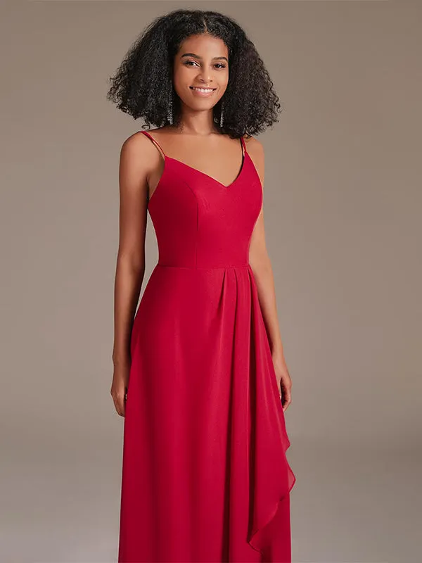 V-neck Spaghetti Straps Floor-length Red Bridesmaid Dress with Ruffle Split Front