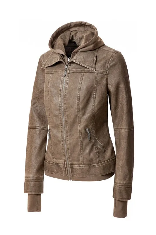 Women's Hooded Vegan Leather Jacket (more color options)