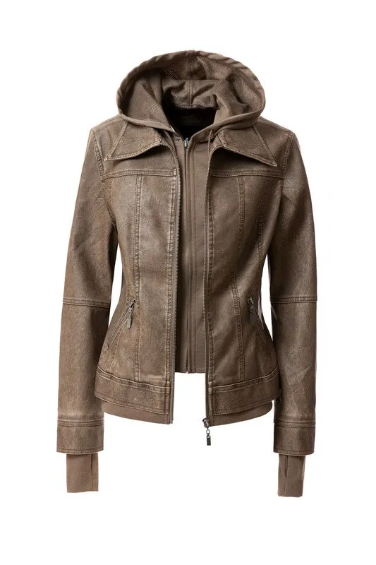 Women's Hooded Vegan Leather Jacket (more color options)