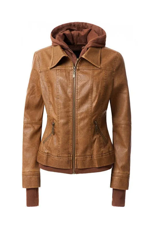 Women's Hooded Vegan Leather Jacket (more color options)