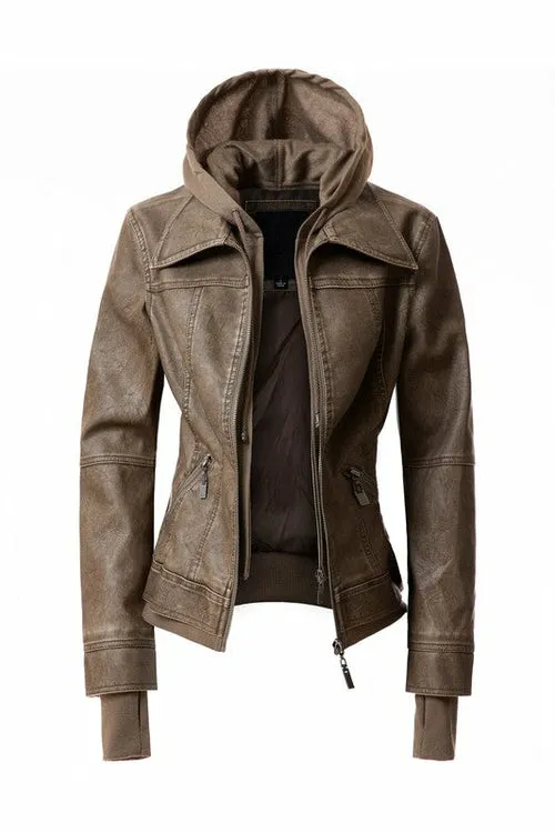 Women's Hooded Vegan Leather Jacket (more color options)