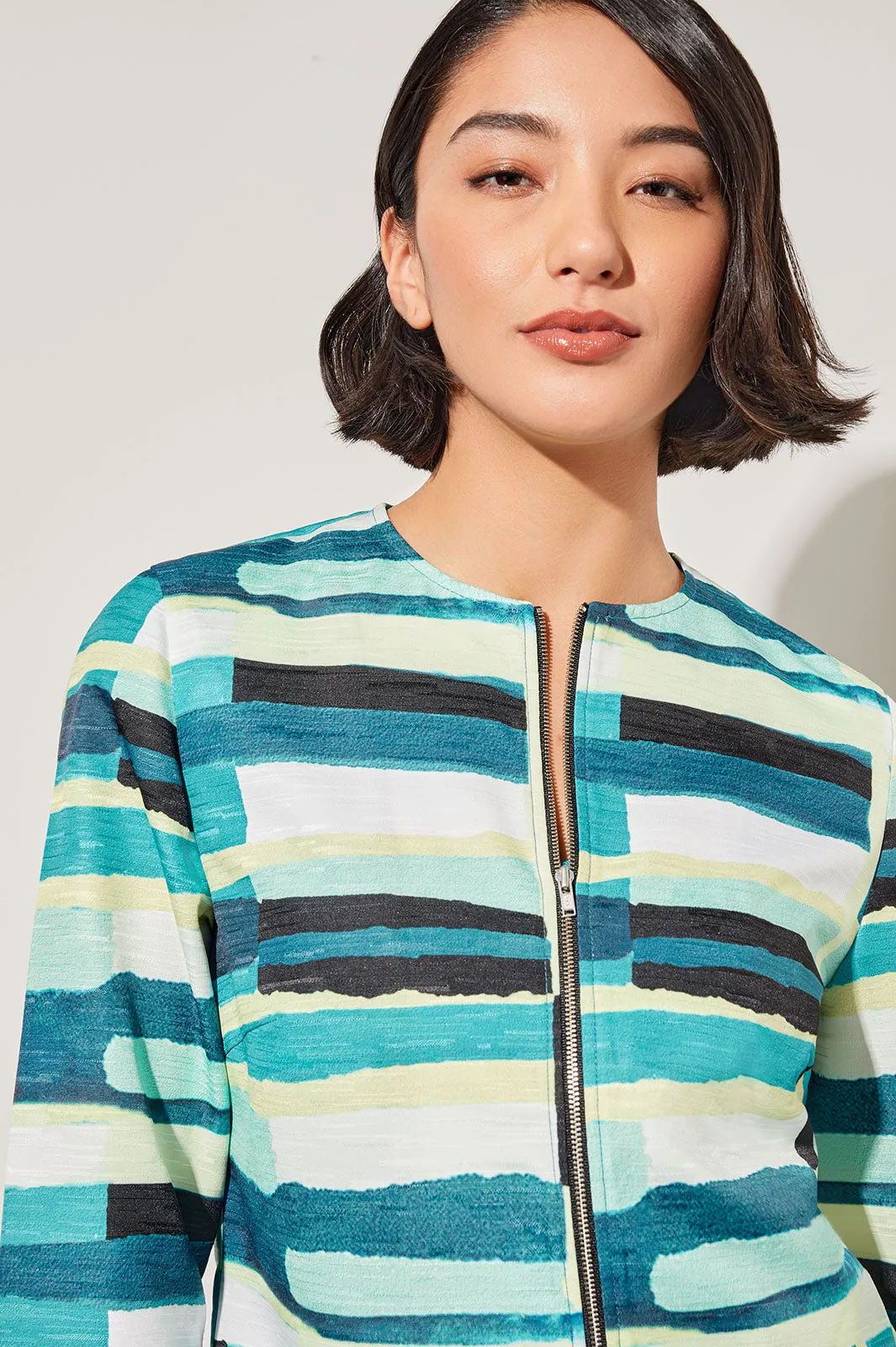 Zip-Front Jacket - Collarless Abstract Woven