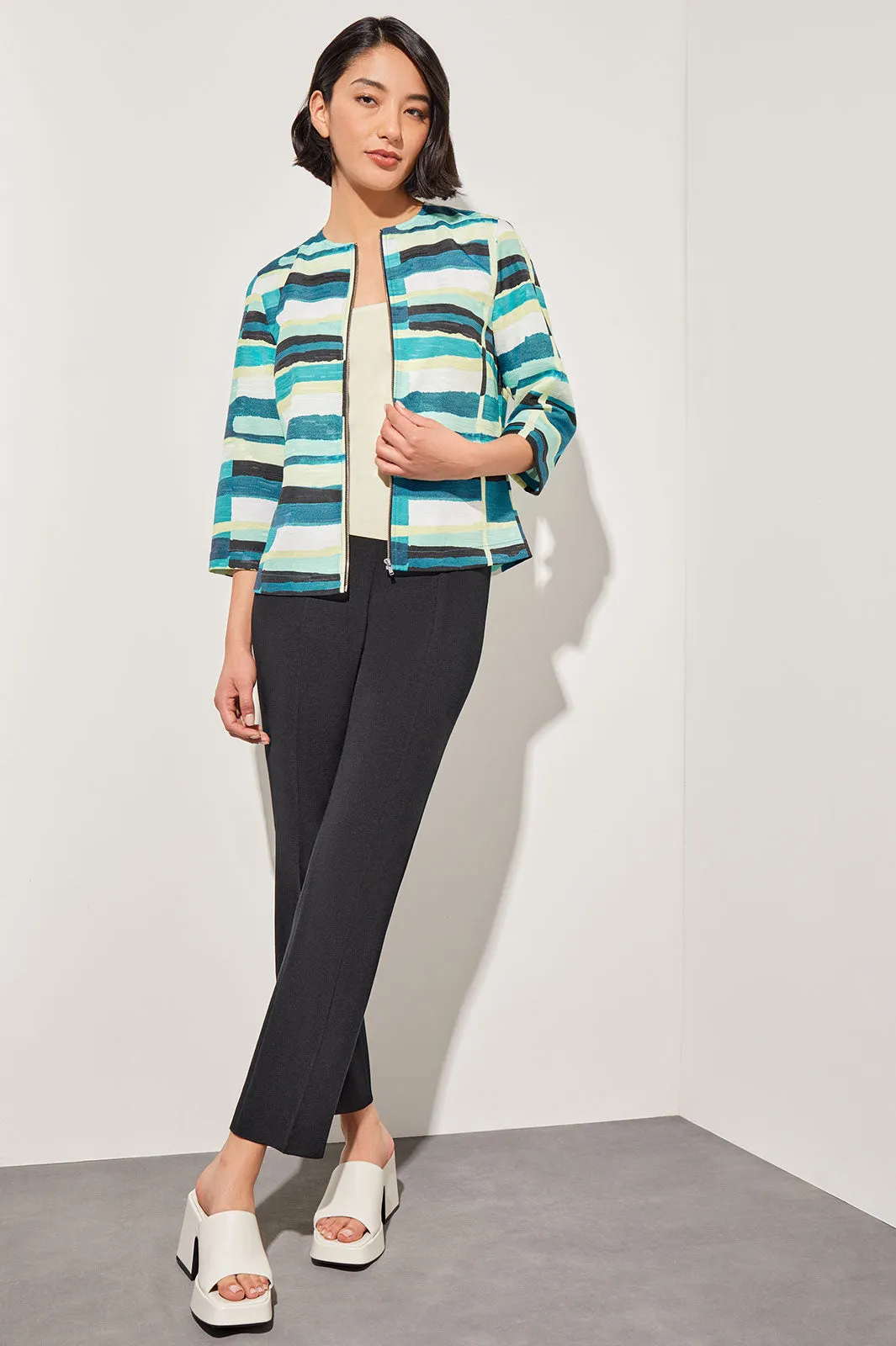 Zip-Front Jacket - Collarless Abstract Woven