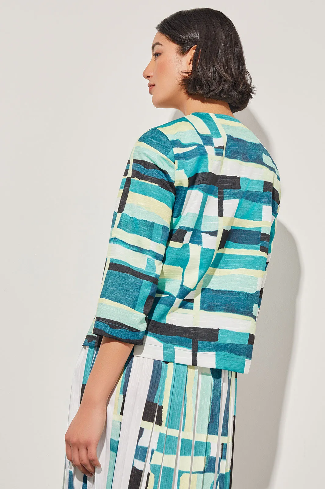 Zip-Front Jacket - Collarless Abstract Woven