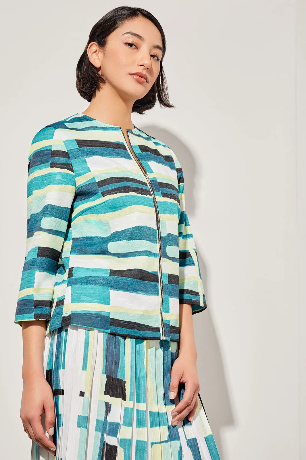 Zip-Front Jacket - Collarless Abstract Woven