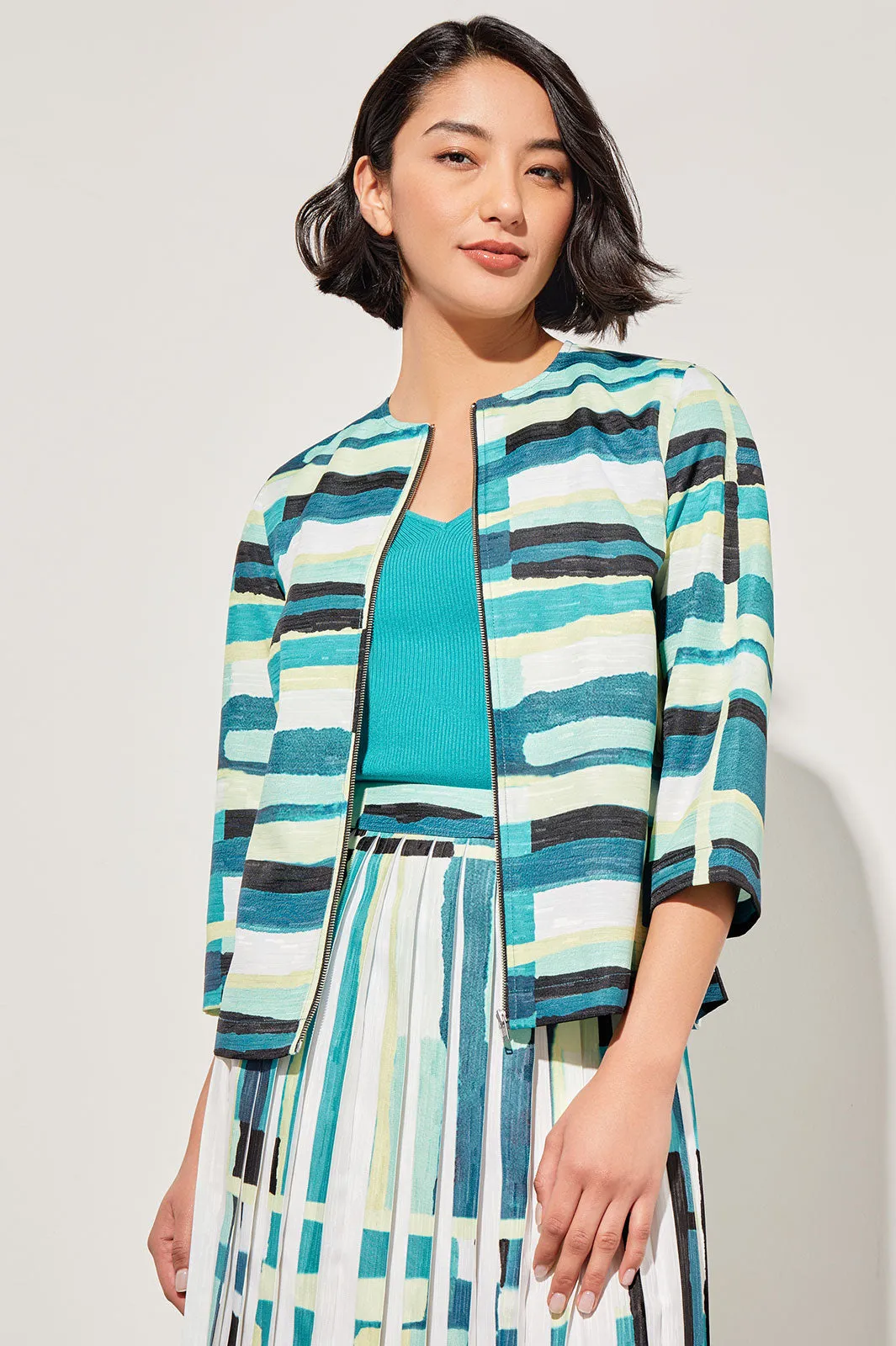 Zip-Front Jacket - Collarless Abstract Woven